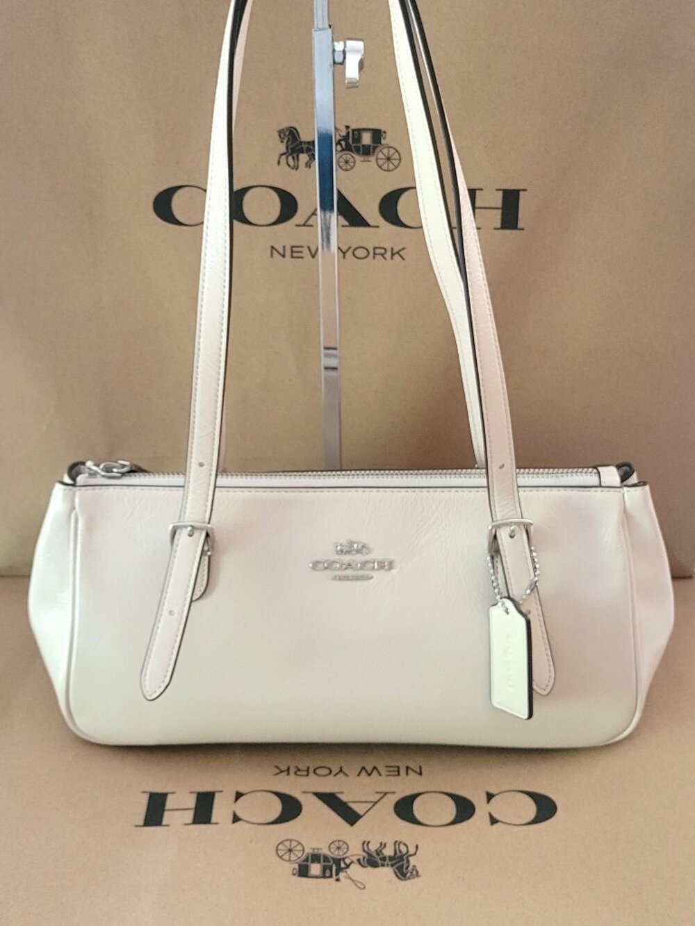Coach CBJ05 Glazed Leather Asher Shoulder Bag Handbag Chalk Silver